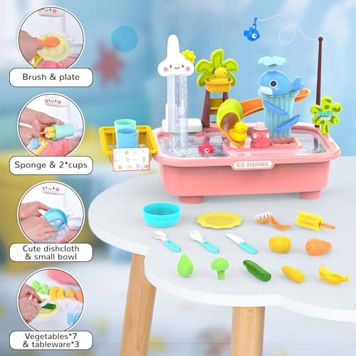 YUANNA 2026 Upgraded Water Table for Toddlers, Kids Sand Water Table with Pump, Play Sink with Running Water, Fishing Game and Outside Sensory Toys, Pink - Thumbnail 6