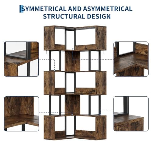 Doppeltcharms L-Shaped Corner Bookshelf with 6 Tiers – 62.6'' Tall Freestanding Metal & Wood Storage Rack with Dividers, Modern Display Shelf for Living Room, Home Office, Sunset - Thumbnail 6