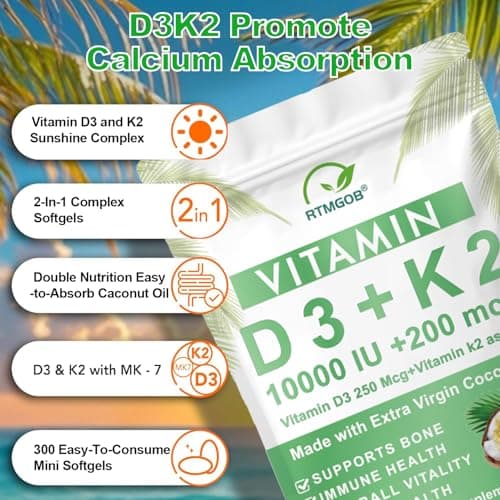 RTMGOB Vitamin D3 K2 Supplement,Vitamin D3 10,000 IU + K2 MK-7 200 mcg Virgin Coconut Oil Softgels,Immune,Teeth & Bone Health Extra Strength,Non-GMO, Gluten Free-Easy to Swallow-180 Softgels - Thumbnail 3