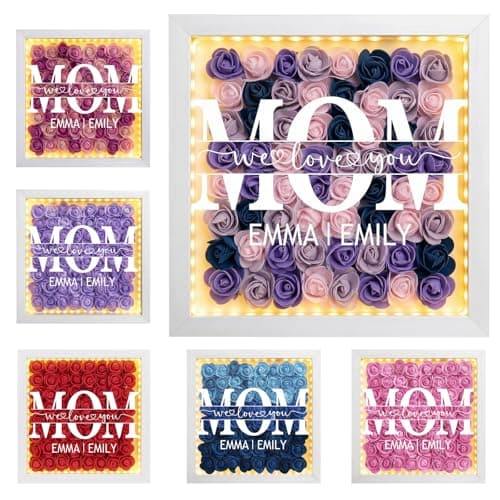 Personalized Mom Flower Shadow Box with LED Light, Custom Rose Frame with Kids Names, Mother's Day Birthday Gift for Mom Grandma Nana, Custom Text Flower Colors, Shelf Decor (Variegated) - Image 1