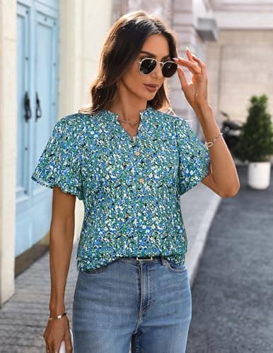 LOOKBOHO Short Sleeve Womens Casual Blouses Summer V-Neck Floral Shirts Fashion Ruffle Sleeve Chiffon Office Tops Blue XXL - Thumbnail 3