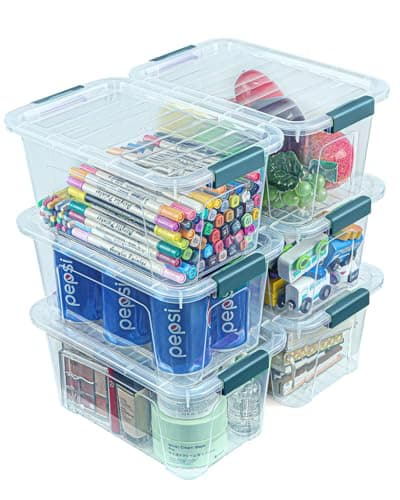 Storage Bins with Lids 6 Pack Clear Storage Containers, 7 Quart Stackable Plastic Containers with Secure Buckle Latch, Durable Storage Box Organizer for Pantry, Closet, Office & Classroom, Blue