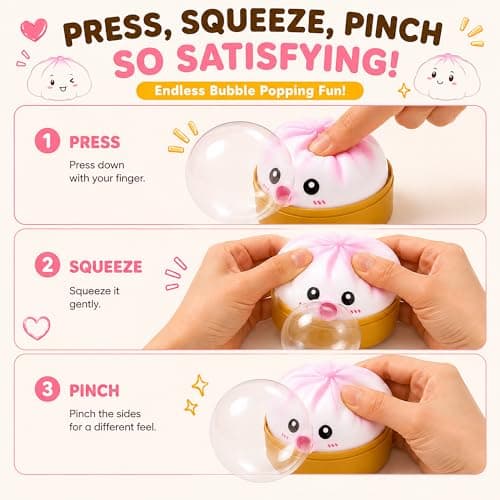 KYLARA Yellow Pink Dumpling Squishies, Mystery Squishies Dumpling Blowing Bubble, Soft Squeeze Desk Toy, Tie Dye Bao Bun with Food Streamer, Cute Fidget Sensory Ball Gift for Stress Anxiety Relief - Thumbnail 4