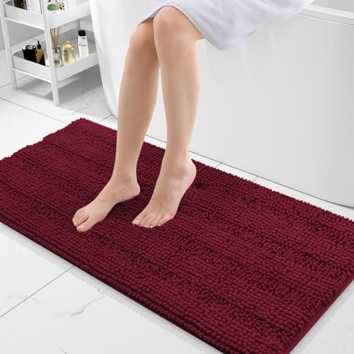 Grandaily Chenille Striped Bathroom Rugs 47x20, Extra Thick and Absorbent Bath Mats, Non-Slip Soft Plush Shaggy Shower Carpet, Machine Wash Dry, Bath Rug for Bathroom, Burgundy - Image 1