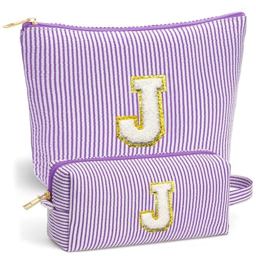 Fohufo Travel Essentials - Portable Travel Toiletry Bag for Women, Initial Makeup Kit Organizer Make up Cosmetic Bag Set Purple Stuff Birthday Gifts for Women Daughter Mom, Purple Letter J - Image 1
