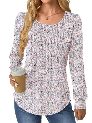 GKBK Women Long Sleeve Shirts Fall Tops Dressy Pleated Scooped Neck Tunic Tops for Leggings Floral White 3XL - Thumbnail 4