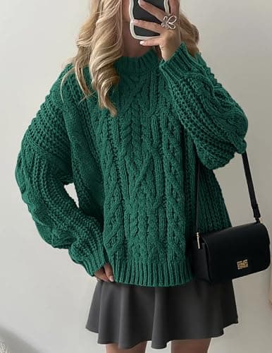 PRETTYGARDEN Women's Oversized Fall Sweaters 2026 Casual Long Sleeve Crewneck Chunky Cable Knit Pullover Tops Winter Clothes (Green,Small) - Thumbnail 2