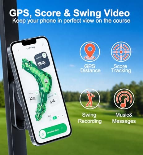 Golf Cart Phone Holder Magnetic for MagSafe iPhone, Zinc Alloy Golf Cart Phone Mount with Gear Hook, 20-Magnet Strong Hold, 360° Rotation for Swing Recording, Fits iPhone 12–17 & Other Phones - Thumbnail 2