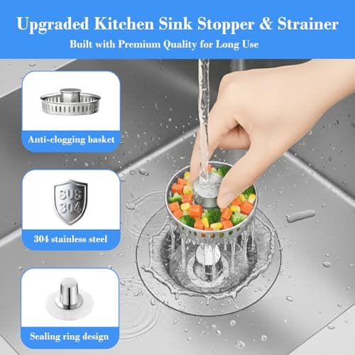 Upgraded 3-in-1 Kitchen Sink Drain Strainer with Solid Brass Core, Fast-Drain Pop-Up Sink Stopper, 304 Stainless Steel, Removable Anti-Clog Basket, for US Standard 3-1/2'' Drains - Thumbnail 4