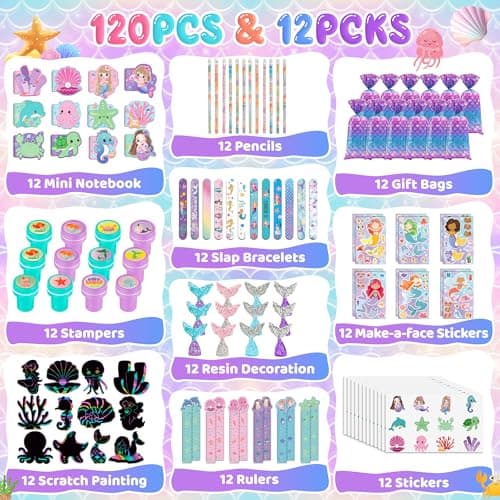 CHEPULA 120Pcs Mermaid Party Favors - Stickers, Pencils, Notebooks, Stampers, School Stationery Bulk for Mermaid Birthday Decorations, Candy Goodie Bags, Classroom Rewards, Pinata Supplies (12Set) - Thumbnail 2