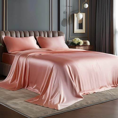 BEDELITE Satin Sheets Full Size Bed Set, Luxury Soft Rose Pink Silky Sheets for Hair and Skin, Similar to Silk Bed Sheets Set 4 Pieces with 1 Deep Pocket Fitted Sheet, 1 Flat Sheet, and 2 Pillowcases - Image 1