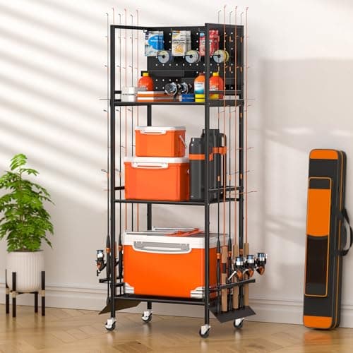 GloCryp 3-Shelf Fishing Pole Holders for Garage, Fishing Rod Holder Up to 12 Rods，Rolling Fishing Storage Cart for Tackle Box & Accessories, Fishing Gifts for Men