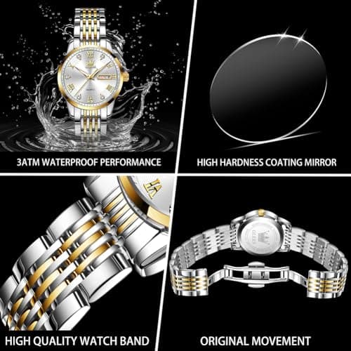 OLEVS Womens Watches Silver Gold Ladies Watches for Women Fashion Small Wrist Two Tone Female Watch with Date Elegant Stainless Steel Waterproof Diamond Dress Analog Quartz Bracelet Reloj para Mujer - Thumbnail 5