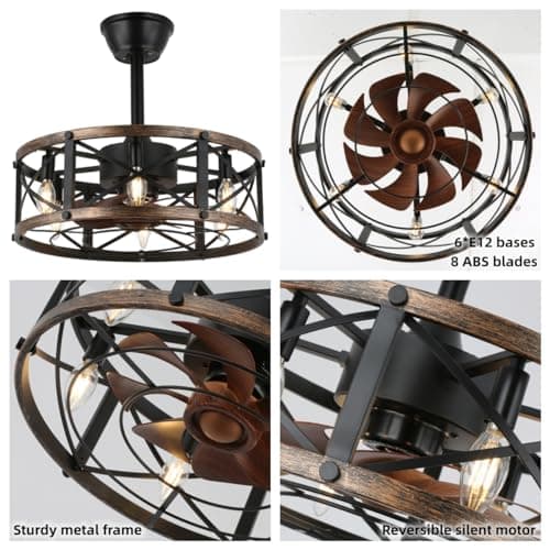 SHLUCE 19" Farmhouse Fandelier Ceiling Fan with Light, Caged Bladeless Ceiling Fans with Lights and Remote, Modern Small Enclosed Ceiling Fans with Lights for Living Room, Bedroom, Black - ETL - Thumbnail 6