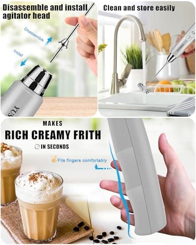 YUSWKO Rechargeable Milk Frother for Coffee, Handheld Drink Mixer with 3 Heads 3 Speeds, Ideal Coffee Frother Wand for Travel - Silver - Thumbnail 3