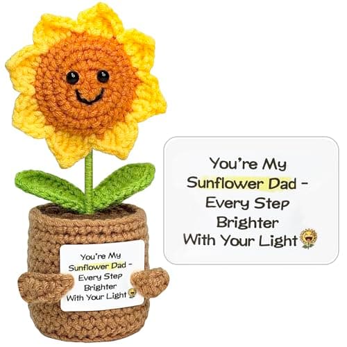 Funny Fathers Day Dad Gifts from Daughter Son - Handmade Positive Crochet Sunflower Gift for Dad Cool Daddy Presents, Small Cute Stuff Things, Positive Emotional Support Gifts Idea for Father - Image 1