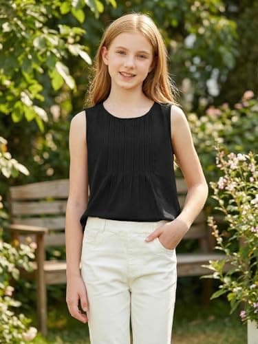 XMWEALTHY Summer Shirts for Girls 2026 Dressy Casual Tank Top Girls Fashion Ruffle Hem T-Shirt Tween Kid Crewneck Cute Tops Black 13-14T - Thumbnail 5