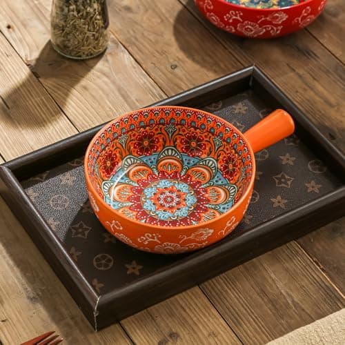 JINNTHE 9 In Soup Bowl with Handle Orang 1PC, 23 Oz Soup Bowls Spaghetti Bowl, Bohemian Ceramic Soup Crocks for Cereal, Pasta, Noodle, Rice, Beef Stew, Chilli, Oven Microwave Dishwasher Safe Gift - Thumbnail 2