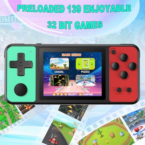 KAVOYI 32 Bit Handheld Games for Kids Built-in 139 Retro Video Games,3.0" IPS Screen Rechargeable Portable Arcade Gaming Player,Electronic Travel Toys for Boys Girls Birthday Green-Red - Thumbnail 2