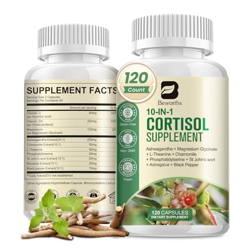 B BEWORTHS Cortisol Supplements for Women Men, 10-in-1 Cortisol Detox with Ashwagandha, Magnesium, L-Theanine, Balanced Cortisol Levels, Night & Calm Support, 120 Vegan Capsules