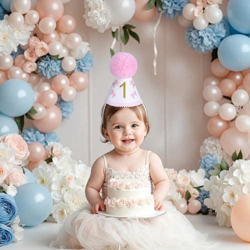 UTOLOVE Handcrafted Felt Birthday Hat with Pompom - Adjustable Cone Hat for 1st, Half to 5th Birthday Party Decorations - Baby & Kids Celebration Photo Prop Crown- White&Pink - Thumbnail 3