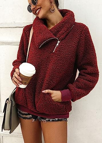 KIRUNDO Winter Clothing for Women Sherpa Pullover Fleece Zip Sweatshirt 2026 Fall Fashion Fuzzy Faux Shearling Warm Outwear(Large, Wine Red) - Thumbnail 4