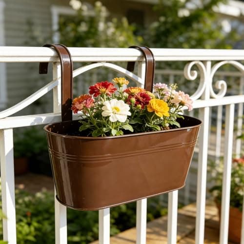 Joyfernal Set of 6 Balcony Hanging Planters, 2 Pcs 17" Metal Railing Flower Pots & 2 Pcs 12" Deck Planter & 2 Pcs 4" Fence Pot for Outdoor Patio Garden Décor, Chocolate - Thumbnail 6
