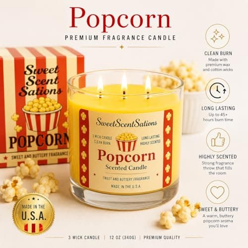 SweetScentSations Popcorn Scented Candle – Salted Butter Popcorn Aroma | Soy Wax Long Burning Candle for Home | Fun Snack-Inspired Candle Gift for Movie Lovers - Thumbnail 6