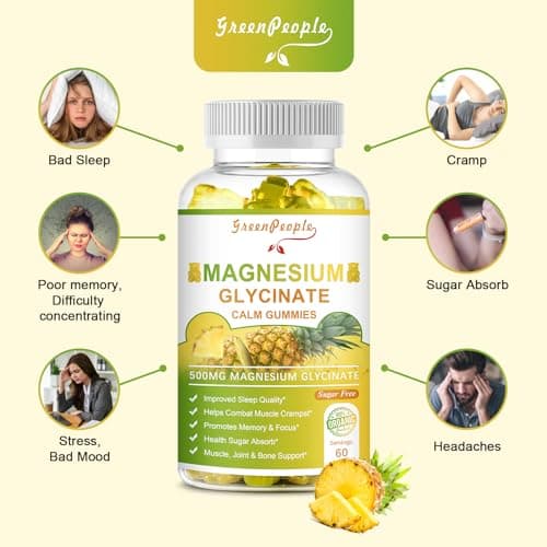 GREENPEOPLE Magnesium Glycinate Gummies with Citrate 1000mg, Taurate & Matale - Sugar Free - Magnesium Potassium Supplement with Vitamin D, K2 for Calm Mood & Zzz Support - 60 Pineapple Gummies - Thumbnail 3