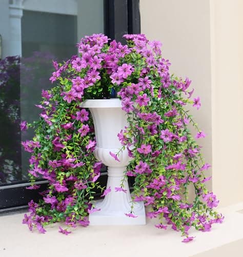 Obmnor Artificial Hanging Flowers for Outdoors, 2 Pack Fake Hanging Plant for Spring Summer Decor, UV Resistant Faux Silk Flower for Planter Porch Patio Balcony Yard Decoration (Light Purple) - Image 1