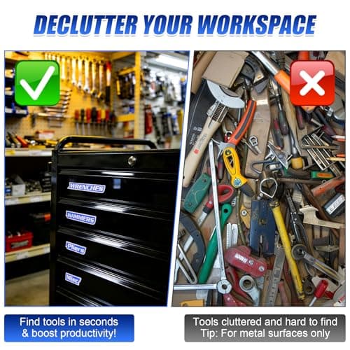 Magnetic Tool Box Labels and Hooks Set, 12 PCS Toolbox Magnetic Labels + 4PCS Self Adhesive Metal Hooks, Reusable Tool Box Accessories Organize for Steel Carts, Drawers, and Cabinets(Blue) - Thumbnail 2