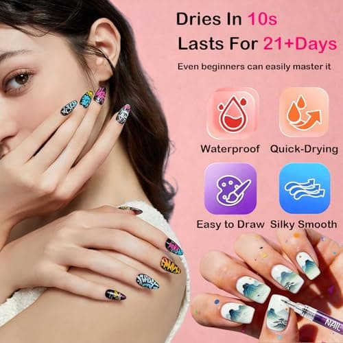 LuneHe life 12 Colors Nail Art Pens Set, Quick Dry Nail Art Markers & Nail Polish Pens for Drawing, Painting and Dotting, DIY Manicure Tools for Nail Design, Home Salon Use - Thumbnail 3