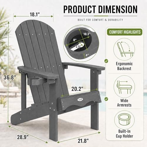 Y&M Adirondack Chair, Dark Grey Fire Pit Chairs, Outdoor Patio Chairs with Cup Holder, Weather Resistant HDPE Wooden Textured Patio Chairs, Perfect for Garden, Lawn, Deck, or Poolside - Thumbnail 3