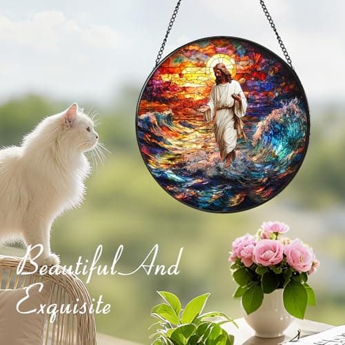 Zizzie Stained Glass Jesus Suncatcher - 7.9" Real Glass Walking on Water Window Hanging, Weatherproof Christian Religious Decor, Overcoming Storms Sympathy Faith Gift for Mom Pastor - Thumbnail 6