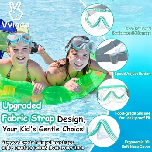 Vvinca Swim-Goggles with Nose Cover, 2 Packs Elastic Fabric Strap Snorkel Swim Mask Anti Fog UV No Pull Hair for Kids 3-14 - Thumbnail 2