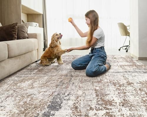UERMEI Area Rug Living Room Rugs - Washable Neutral Modern Abstract Soft Thin Rug Indoor Floor No Slip Rug Carpet for Bedroom Under Dining Table Home Office Decor - Brown/Grey/Red - 5x7 - Thumbnail 6