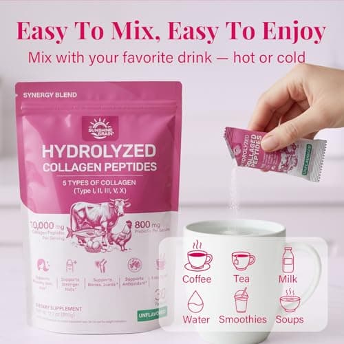 Multi Collagen Peptides Powder - 10g Hydrolyzed Collagen Peptides Type I, II, III, V & X with Biotin, Hyaluronic Acid & Prebiotics, Support Hair, Skin, Nail, Bone & Digestive Health, Non-GMO丨30 Sticks - Thumbnail 6