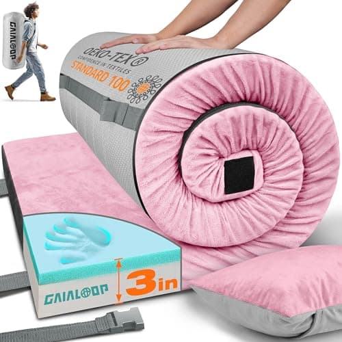 GAIALOOP 3 Inch Memory Foam Camping Mattress, Dual Layer Thick Sleeping Camp Pad for Car Tent Cot, Roll-Up Portable Glamping Floor Bed for Guests Sleepover[Single: 75 * 30 * 3"] Sakura Pink - Image 1