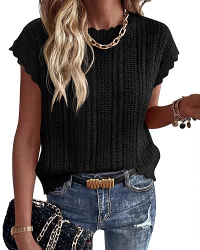 KIRUNDO Crochet Tops for Women Cap Short Sleeve Sweater Vest 2026 Spring Summer Cable Knit Pullover Beach Vacation Outfits(Black, XX-Large) - Image 1