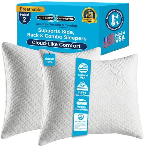 Xtreme Comforts Memory Foam Pillows | GREENGUARD Certified Shredded Foam Fill for Personalized Support | Slim Cooling Bed Pillows for Side, Back & Stomach Sleepers | 2 Queen Size Pillows