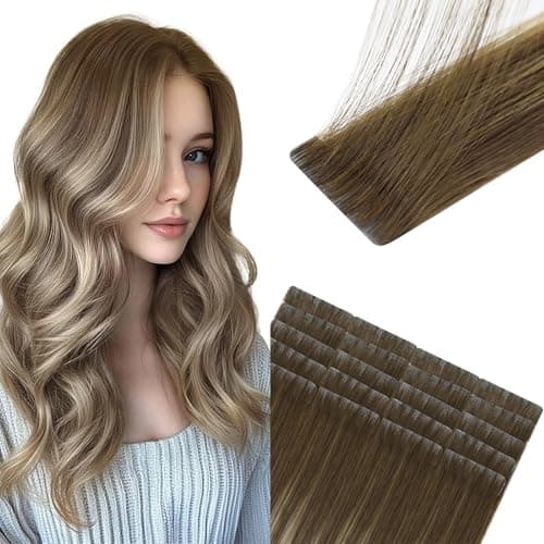 Sunny Hair Invisible Injected Tape in Hair Extensions Human Hair, 20 Inch 50g 20Pcs, Brown Balayage Blonde Comfortable Invis Edge Tape, Seamless Hand Sewn Hair Extensions