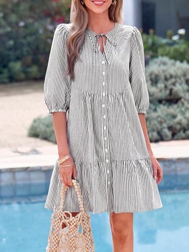 BTFBM Womens Summer Dresses 2026 Striped Mini Dress Half Sleeve Button Down Casual Flowy Beach Vacation Outfits Pockets(Black, X-Large) - Thumbnail 5