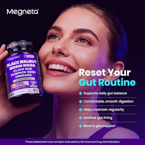 MEGNETA Wormwood Black Walnut Clove Cleanse for Humans, Intestinal Cleanse & Gut Detox with Pumpkin Seed & Oregano, Vegan Digestive Support for Adults, 60 Capsules, Unflavoured - Thumbnail 3
