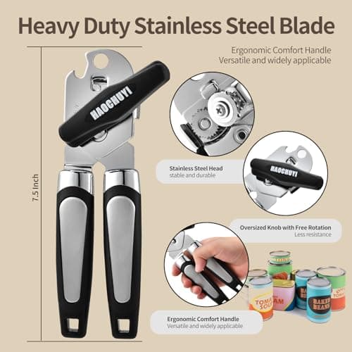 HAOCHUYI Heavy Duty Stainless Steel Smooth Edge Manual Can Opener and Bottle Openers, Soft Ergonomic Handle, Oversized Handheld Easy Turn Knob, Multifunctional Kitchen Tool, Black ﻿ - Thumbnail 2