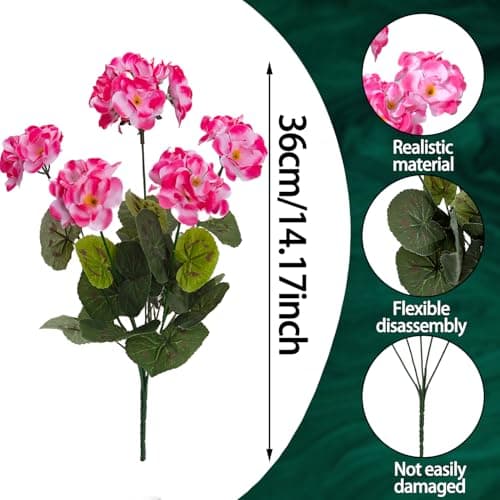 BSMYBO 6PCS Artificial Geraniums Outdoor Flowers, Faux Pink Geraniums Artificial Flowers Plants Outdoor UV Resistant Plants, Realistic Silk Flowers for Cemetery, Front Porch Decor, Table Centerpiece - Thumbnail 3