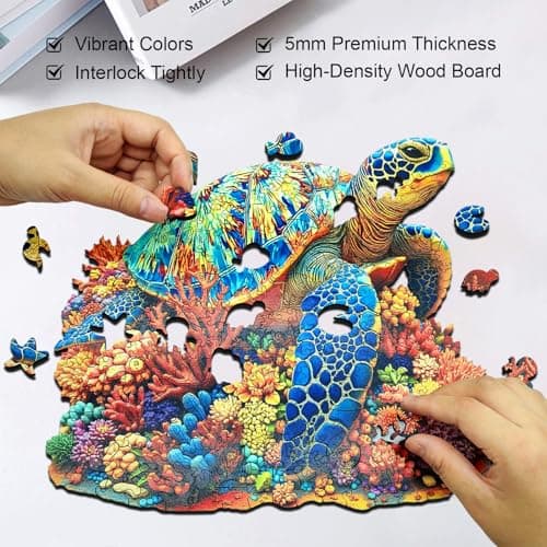 Sea Turtle Wooden Puzzles for Adults 200 Piece, Colorful Coral Turtle Jigsaw Puzzles for Adults and Kids, 5MM Unique Ocean Animal Shaped Wooden Puzzles, Creative Gift for Friend Family Game 11*10.4in - Thumbnail 5