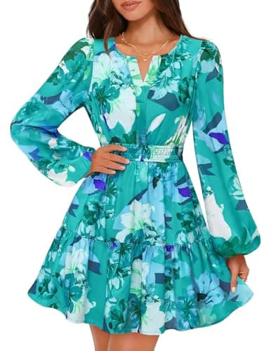 MEROKEETY Fall Wedding Guest Dresses for Women Long Sleeve Floral Casual Lightweight Flowy Swing Boho Dress Pockets, Green, X-Large - Image 1
