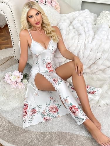 CRIPOM Plus Size Silk Slip Dress Night Gowns for Adult Women Negligee White Lingerie Sexy Dresses for Women White Floral XXL - Thumbnail 5