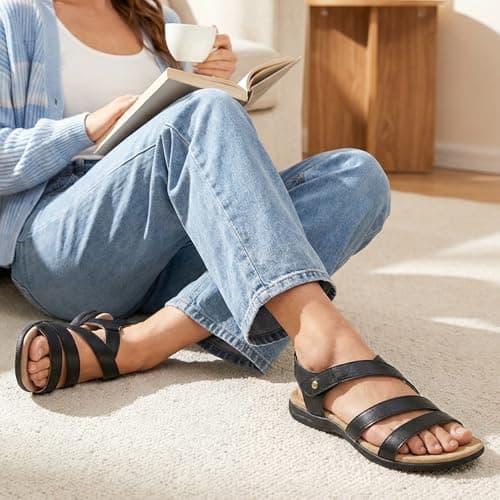 Rihero Black Orthopedic Sandals for Women Summer Arch Support Comfortable Casual Walking Orthotic Flat Sandals Black Size 9 - Thumbnail 2