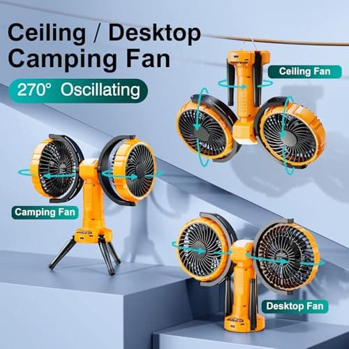 WISFISSH 10000mAh Outdoor Camping Fan, Oscillating Battery Operated Tent Fan with LED Lantern, Dual Head Rechargeable Tent Ceiling Fan with Tripod & Hanging Hook - Yellow - Thumbnail 6